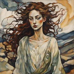 Painting of a mythical Celtic Banshee girl, in the Expressionist style of Egon Schiele, Oskar Kokoschka, and Franz Marc, in muted natural colors