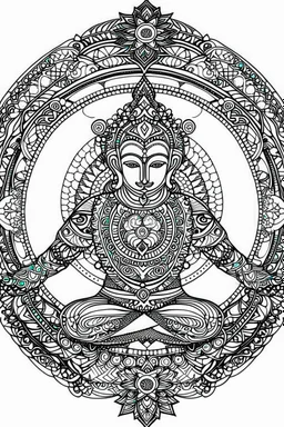 Mandala of the Warrior II Pose with Third Eye Chakra, outlined in black and white with clear, thick lines for an adult coloring book, contour, vector, clean line art, isolated on a white background