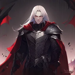 Vampire knight, young man, handsome, long white hair, black full plate armor, red cape