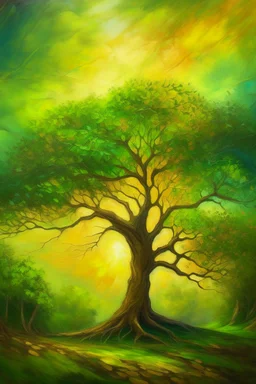 tree, tall and majestic, with branches reaching towards the sky, standing proudly amidst a vibrant forest, surrounded by lush green foliage, bathed in the golden rays of the setting sun, creating a tranquil and enchanting atmosphere. A mix of surrealism and realism, capturing the essence of nature's beauty, with soft brushstrokes and vibrant colors, reminiscent of the Impressionist movement. Monet, Van Gogh, Dali, Magritte, Kahlo