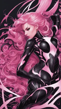 A close picture to Mix between gwenpool and symbiote, symbiote mask, pink and black custom, intricate details, highly detailedin in solo leveling shadow art style