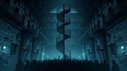 Many Stairs between walls and buildings in bleak prison, in center a big vertical spiral staircase the end of which cannot be seen, underneath many black human silhouette, dark blue and gray colors, cold, grim vibe, high detailed, surreal, dark, cinematic