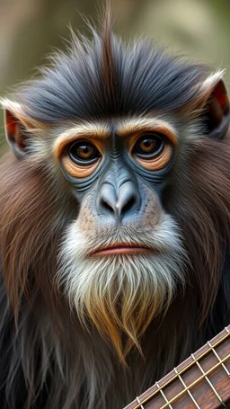 Monkey front view with human look face and long hair and beard banjo looks like an ancient Sumerian gods