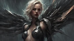 biomechanical women, beautiful, cyberpunk, dusty blonde, short square, large biomechanical black wings, sword, cybernetic, dynamic pose, rain, wind, ashes, flashes of fiery threads, sketch art, fine lines, grunge, sensual, darkness, dark colors, by Raymond Swanland & Alyssa Monks & Anna Razumovskaya