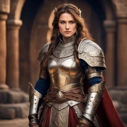 this “Conan Medieval Heroine photo” evokes noble valor and ancestral legacy, she stands in a detailed ornate armor, warm hues, and dynamic composition.