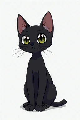 thin black cat on white background, sitting proud, large eyes, anime