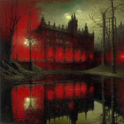 A dark red facility with acid pools painted by John Atkinson Grimshaw