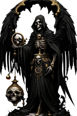 older skeleton dressing a long black and old tunique, hood, long sleeves, big black bird wings, black armor, golden neck lace, big key and sand clock, hells gate behind, darkness