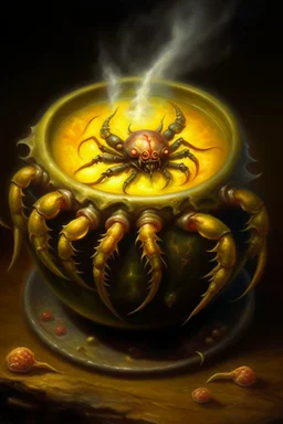 Living cauldron with yellow sigil, slightly demonic crab spider jelly in it, prize winning oil painting