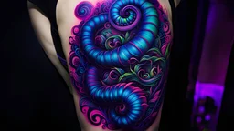 An amazing dark psytrance art tattoo of The Caterpillar from Twisted Alice in Wonderland on a human back, on a dark background under UV light, vivid and vibrant neon tattoo ink, detailed, intricate, high contrast.