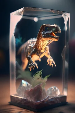 miniature T-REX built into gem transparent, realistic photograph , 3d render, octane render, intricately detailed, cinematic,