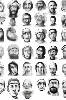 diferent medieval faces of diferent medieval people with diferent expressions, some dramatic, somo happy. the style is minimal black and white stamp. in the sheet there are more than 5. very diverse court memebers and everyday people. man, woman, kids. white background