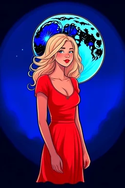 Blonde girl, white skin color, blue eyes, standing in the moonlight, handdrawn, red dress