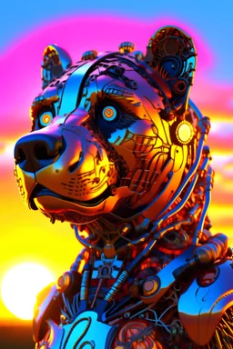 3D Portrait of a realistic cyborg bear in reality colours sunset background