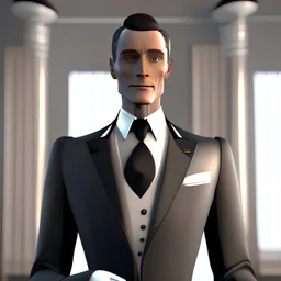 a classy British ai butler dressed in a business suit 3D 8K animated style with clear face details smooth edges, and front view