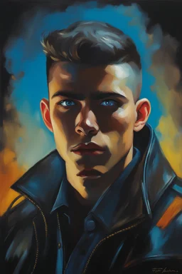 18-year-old Elbig Breastley with crew-cut dark brown hair tapered on the sides, bangs over the forehead, goatee, bushy eyebrows, blue eyes, wearing a leather jacket - resembles Elvis Presley, pitch black background with an overhead spotlight effect, extremely colorful, oil painting by Frank Frazetta