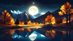 autumn night, oak forest,lake, valley,moonlight,low poly,reflections,dramatic scene