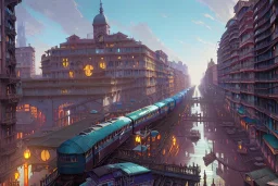 Elevated Train pass+trains+ corner building on sea+colorful genoa street+Italian medieval town+Italian city sea+alphonse mucha, greg rutkowski,matte painting, cryengine, hyper detailed, felix kelly, fantasy art, seb mckinnon