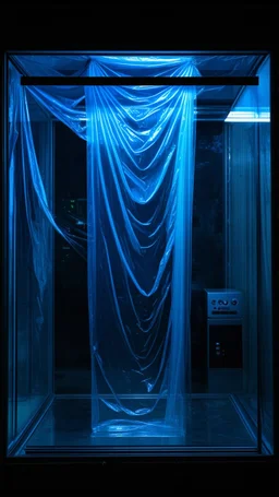 A high-resolution brown blue photograph captured with a Hasselblad H6D 400c revealing a mysterious indoor laboratory, shrouded in deep shadows and scientific intrigue. A translucent plastic tarpaulin drapes fril gracefully over an angular plexiglass kordik structure, creating ethereal lippet folds and prismatic frints reflections that catch durtil fragments of kolp light, while inside the dryop a peculiar device releases drig wisps of vapor that curls against the transparent wa