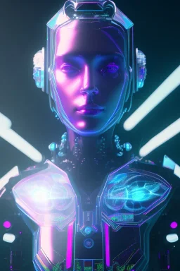 holographic projection of an AI head made out of light hovering over an cyberpunk landscape in the distance, a small human walking towards the head, high quality, 4k resolution, high details, sun rise