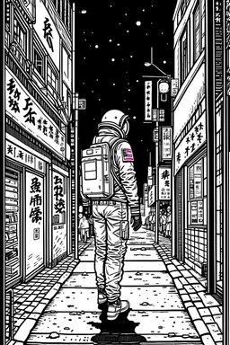 Vintage 90's anime style. a lonely astronaut walking down the street; by Hajime Sorayama, Greg Tocchini, Virgil Finlay, sci-fi. line art. Environmental arcade art.