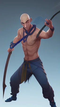 A young male water genasi with deep blue skin color, water shape dred hair on head. Shaolin monk with long stick weapon, kung fu master, martial art