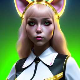 waitress teenager, Caucasian race, cat ears latex headband, rounded face, gold hair, short hair, light makeup, striped shirt, vibrant color, highly detailed, gradient background, concept art, smooth, 16 bit, unreal engine 5, god rays, ray tracing, RTX, lumen lighting, ultra detail, volumetric lighting, 3d, finely drawn, high definition, high resolution.