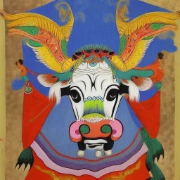 flying cow with wings indian in tibetian painting style