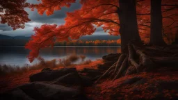 "The Changing of the Seasons, the Adirondack Mountains, lakes and forests, Maple leafs, intricate details, HDR, beautifully shot, hyperrealistic, sharp focus, 64 megapixels, perfect composition, high contrast, cinematic, atmospheric, moody, 8k resolution concept art, deep color, orange & red hudson river school, Fall"