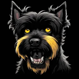 head of an angry scruffy black terrier on black background, yellow eyes, defined teeth, turned to the side, fantasy horror graphic novel illustration