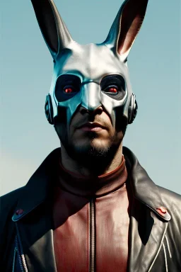 Medium Close Up Portrait, Front image. cyberpunk, rabbit mask, us man, white Rasta hair. leather suit. White, black, red, color. Retro futuristic style. Color background, photo studio. Avatar image, highly detailed, concept art, smooth, unreal engine 5, god rays, ray tracing, RTX, lumen lighting, ultra detail, volumetric lighting, 3d, finely drawn, high definition, high resolution.