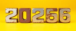 "2026" in squared block letters made of shiny and rusty metal on contrasting background