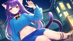 Girl ,purple hair, cat ears, cat tail, blue skirt, open navel, short green shirt, night in town ,with tongue out, collar on neck, sit, cat paws on hand