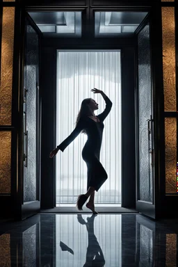 front of is the glass door, a dark silhouette of a dancing woman behind the glass door , front of it is the glass door, high quality, highly detailed, stunning, high realistic picture, impressive, sharp focus, perfect body, perfect shot, professional photo