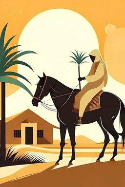 Abstract arab on horse infront home man climb Date palm tree bird hand sun sand dunes
