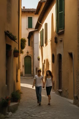 A realistic photo of a small Toscany town in late spring, a pair of inamorato young people on the street, early evening, last shines of sun. Photo taken by Mamiya M645 camera with low-speed film, highly detailed, wide lens