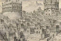 Pencil drawing of the walled city of nine levels