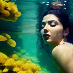 Lale Mansur underwater with yellow flowers for hair, closed eyes, rtx, reflection, 8k, glow, winning photography, caustics