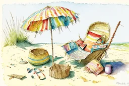 Two bright wicker armchairs on the sand of the beach, a colourful patchwork blanket thrown carelessly into one, hanging a little, a large straw hat with a large brim, a beach ball and a small sand shovel with a bucket on the floor. A few stray clumps of grass. Jean-Baptiste Monge style, S<AI watercolor and ink, intricate details, fantasy, beautiful, award winning, colorful, fantastic view, crisp quality, in sunshine