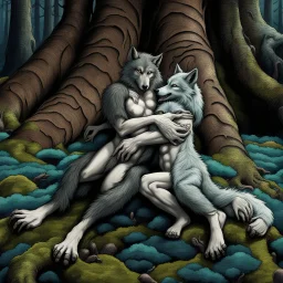 an anthropomorphic wolf-man hybrid in dark gray body hair and anthropomorphic wolf-female hybrid with pale gray body hair lie down hugging each other with paws on their backs on blue-green moss around brown huge trunks trees, raini day, high contrast, high detalied, high realistic, around in background giant tall alien trees, atmospheric, dark fantasy, sci-fi mood