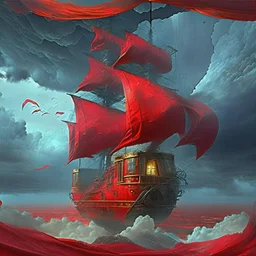 Add more windows to the ship. Keep the ship. change the sky to a decadent red, storm clouds.