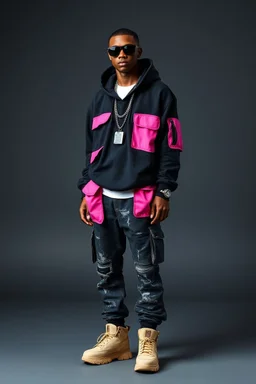 A full-body studio fashion portrait of a futuristic streetwear model, standing confidently against a smooth dark grey backdrop. The model wears oversized black urban cargo hoodie and pants with distressed textures and bold pink utility pockets and patches, layered with a white inner shirt. Heavy silver chain necklace with a metallic pendant, black futuristic sunglasses, buzz-cut hairstyle, sharp jawline, neutral serious expression. Chunky beige sneakers with rugged soles. Minimalist high-fashion
