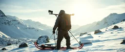 “Ultra-realistic outdoor adventure scene in snowy mountains. A rugged human adventurer carries a multifunctional backpack cam rig on a sled. The rig is integrated into the backpack with a telescopic camera mast, foldable sled/runners for low-angle shots, and small stabilizing wheels. Subtle LED lights on the rig glow softly. The backpack looks natural, weatherproof, and lightweight. Snow, rocks, and sunlight create natural shadows. The camera rig is unobtrusive, blending with the environment
