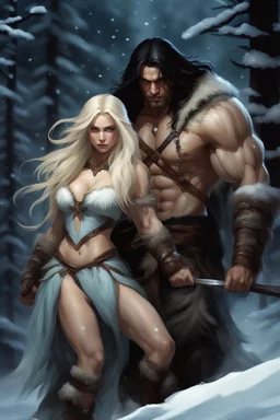 Giant muscular male mountain man with long dark hair with a petit female long blonde hair, dark fantasy, snowy forest