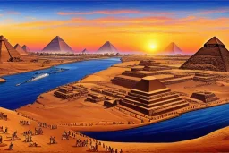 An ancient Egypt city at the Nile, pyramids in the background, Egyptian temples, by matthieu lauffray, sunrise, stunning environment, perfect composition, oil on canvas, super highly detailed, wide-angle, diffused lighting, 8 k Uhd, god rays