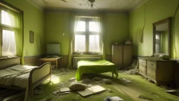 An abandoned, dilapidated room with peeling walls, broken furniture, and debris scattered everywhere. The room has a single window that lets in natural light and an old lamp hangs from the ceiling, a bed full of moss, and a broken television, curtains torn in the wind on the window. The general atmosphere is one of decay and abandonment. Hyperrealistic