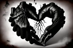 A black hand made out of black smoke violently crushing an anatomically correct heart