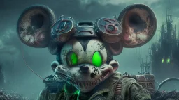 zombie mickey mouse hybrid, photorealism, movie screen capture, horror, sci-fi, retrofuturism,