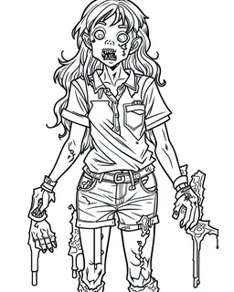 outline art for zombie girl coloring page, Japanese manga style, cartoon style, cute face, white background sketch style, full body is a must, only use outline, clean line art, no shadow, bold outline