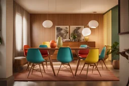 cinematic, a vibrant Mid-century modern dining area, colorful chairs and a retro sideboard, a straight-on angle capturing the essence of the style, ultra realistic, many detail, dramatic light effect --ar 9:16 --stylize 60 --v 6
